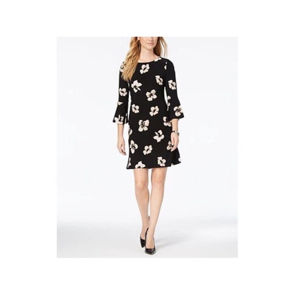 Tommy Hilfiger Black Floral 3/4 Bell Sleeve Knee Length Shift Dress Size 2